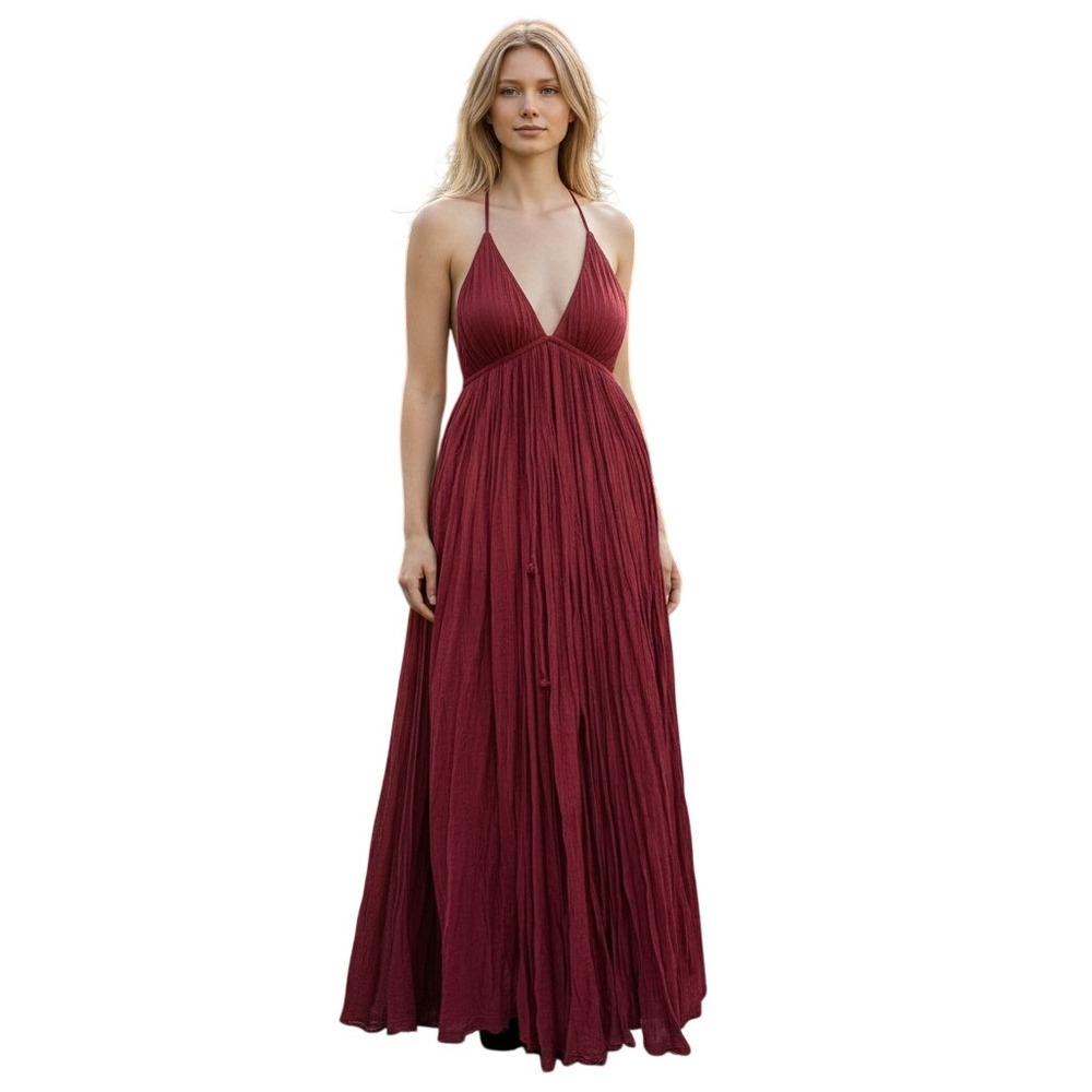 Boho Fairycore FP Look Into The Sun Maxi Dress Burgundy Halter Open Back M - Picture 3 of 7
